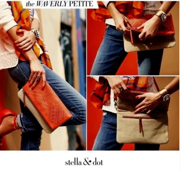 Stella & Dot Waverly Petite Convertible Crossbody Bag Natural Linen/Fresh Orange - Picture 2 of 16